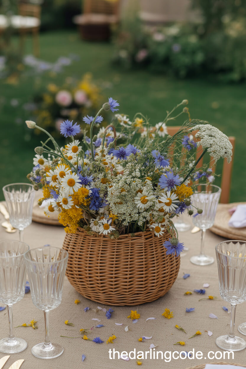 Wildflower Basket Centerpiece With Cornflowers And Daisies