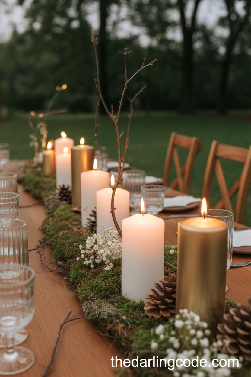 Woodland Moss, Candles, And Pinecone Wedding Table Centerpiece