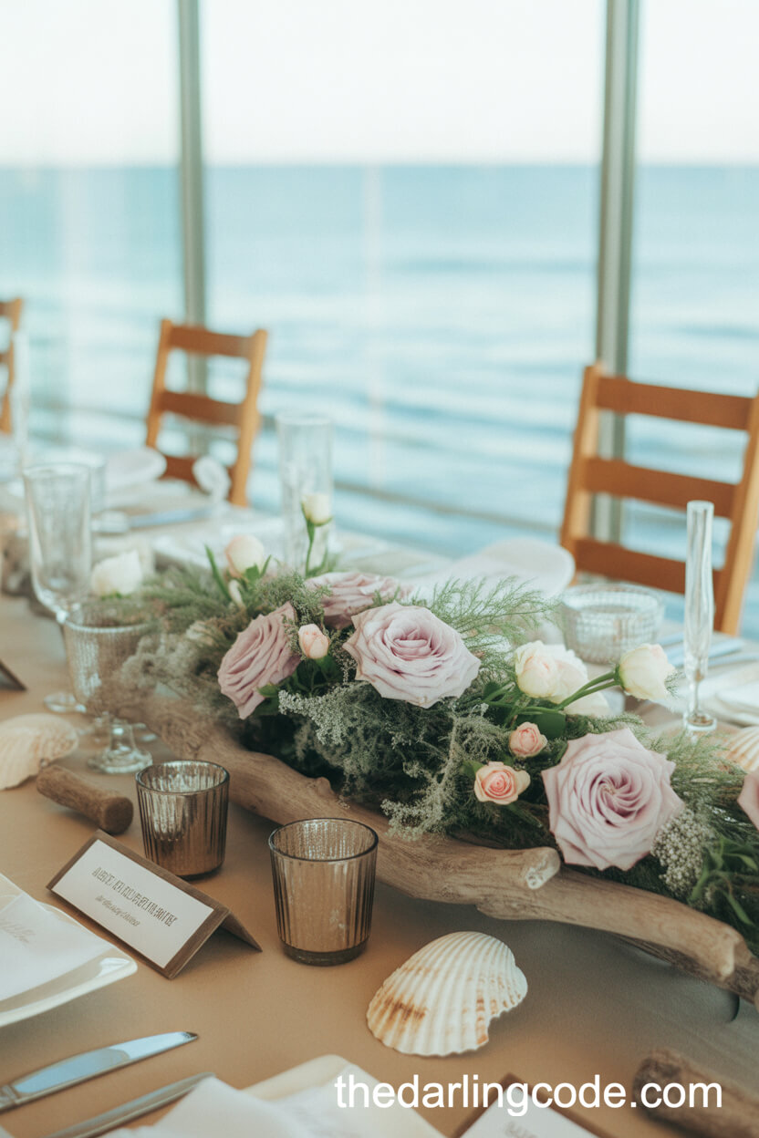 Coastal Driftwood, Pink Roses, And Shells Centerpiece
