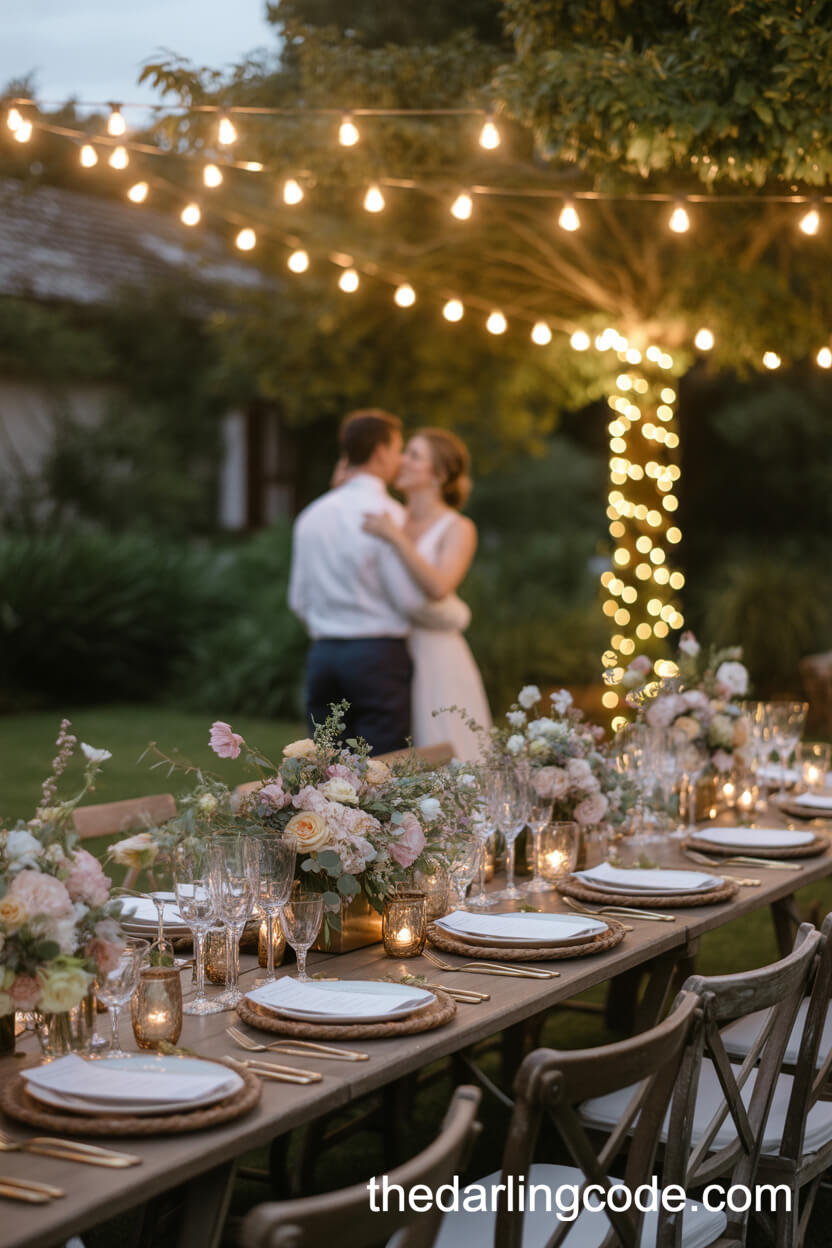 Cozy Backyard Wedding Reception With Fairy Lights
