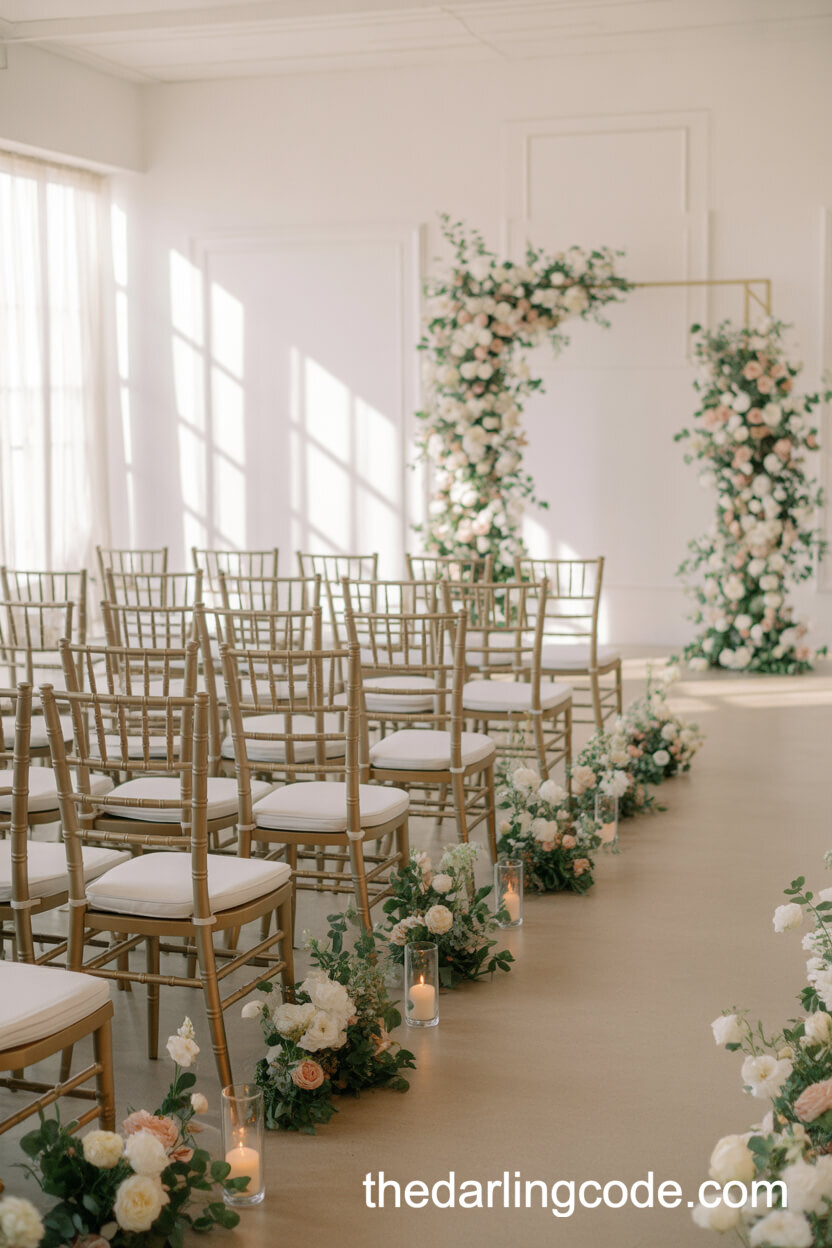 Serene Ceremony Setup With Gold Chiavari Chairs