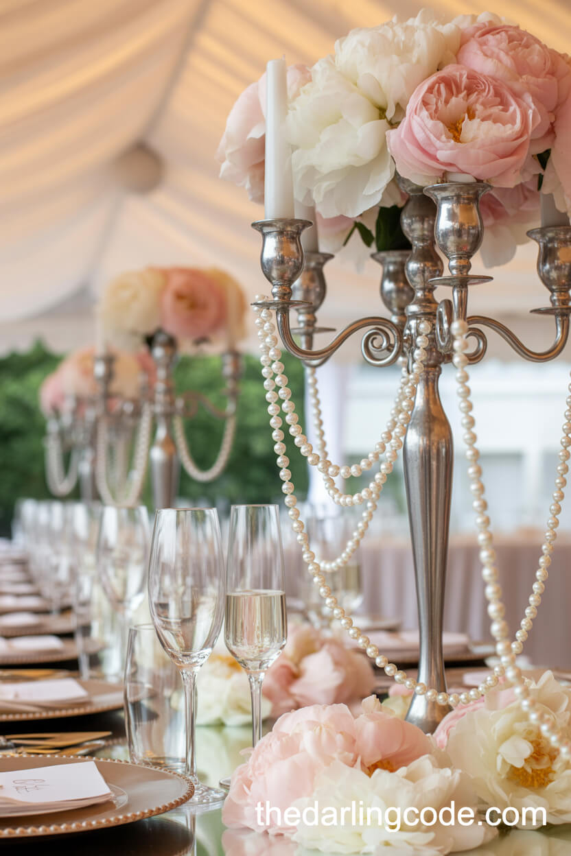 Pearl-Draped Candelabras With Peonies