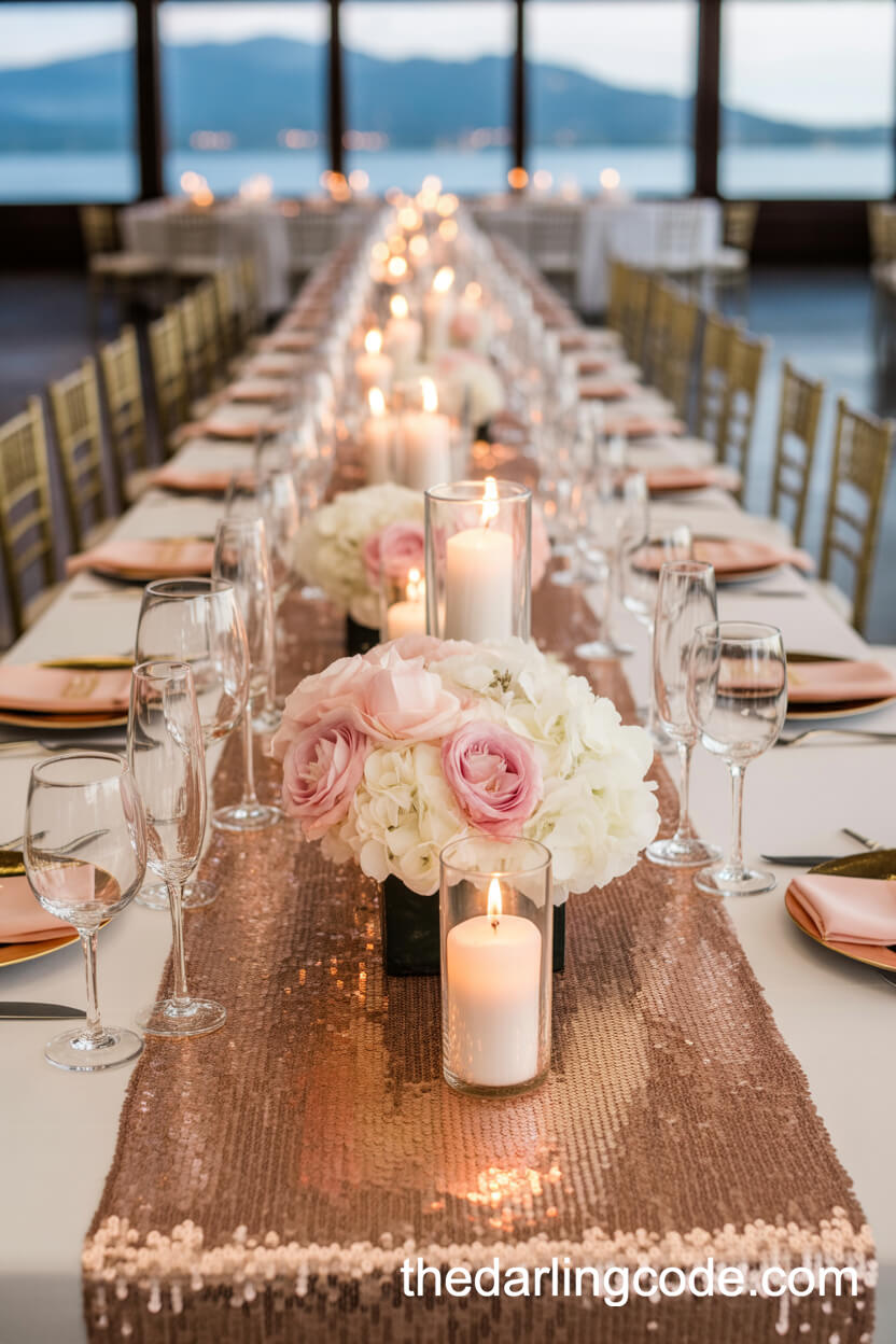 Rose Gold Sequin Runner With Candle Clusters
