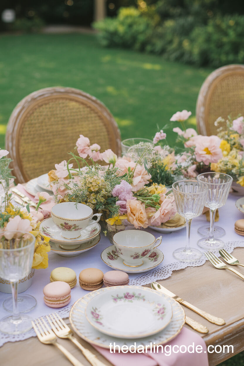 Mismatched Teacups In A French Garden