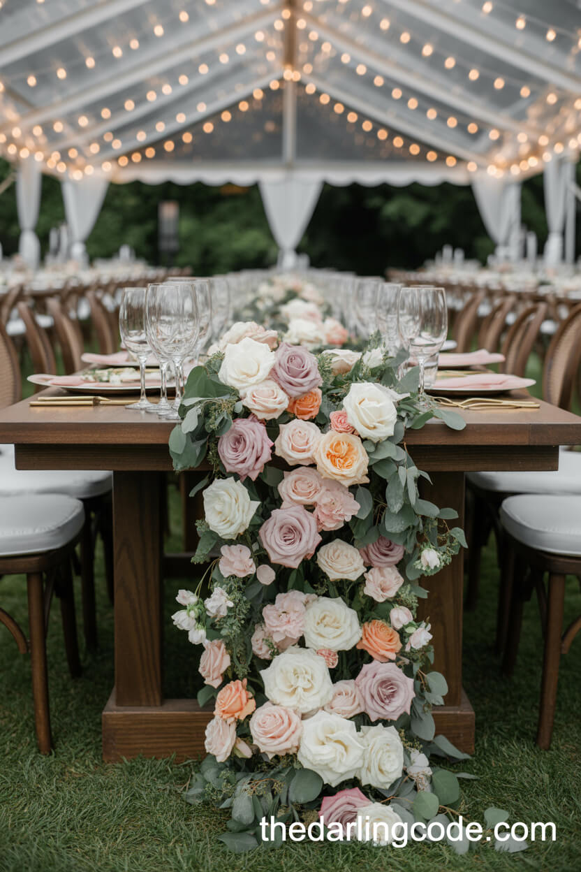 Cascading Floral Runner Under Fairy Lights