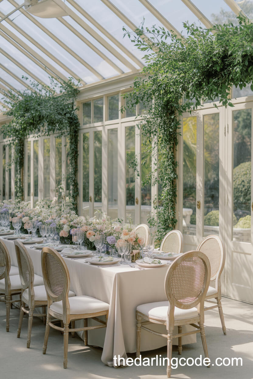 Conservatory Tables With Lush Greenery And Sunlight