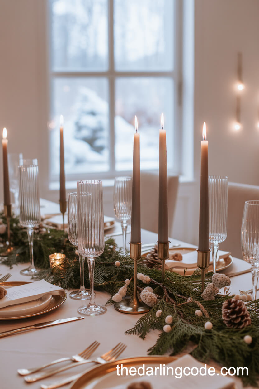 Winter Wedding Table With Velvet, Evergreens, And Candlelight