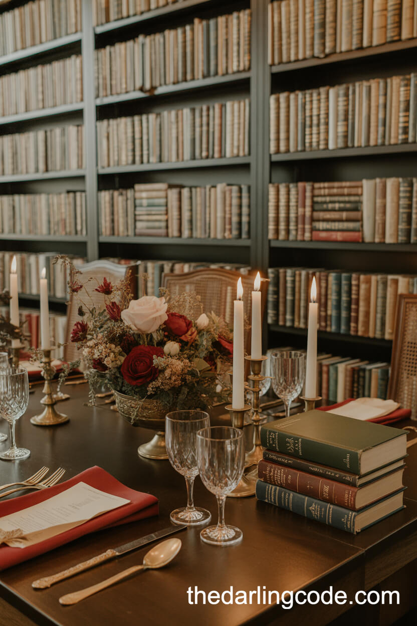 Library-Themed Table With Books And Antique Brass Details