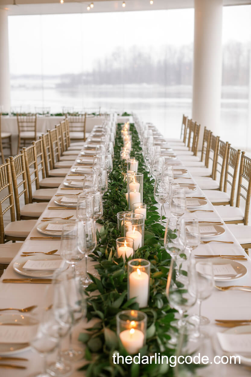 Elegant Long Banquet Table With Green Foliage Runner