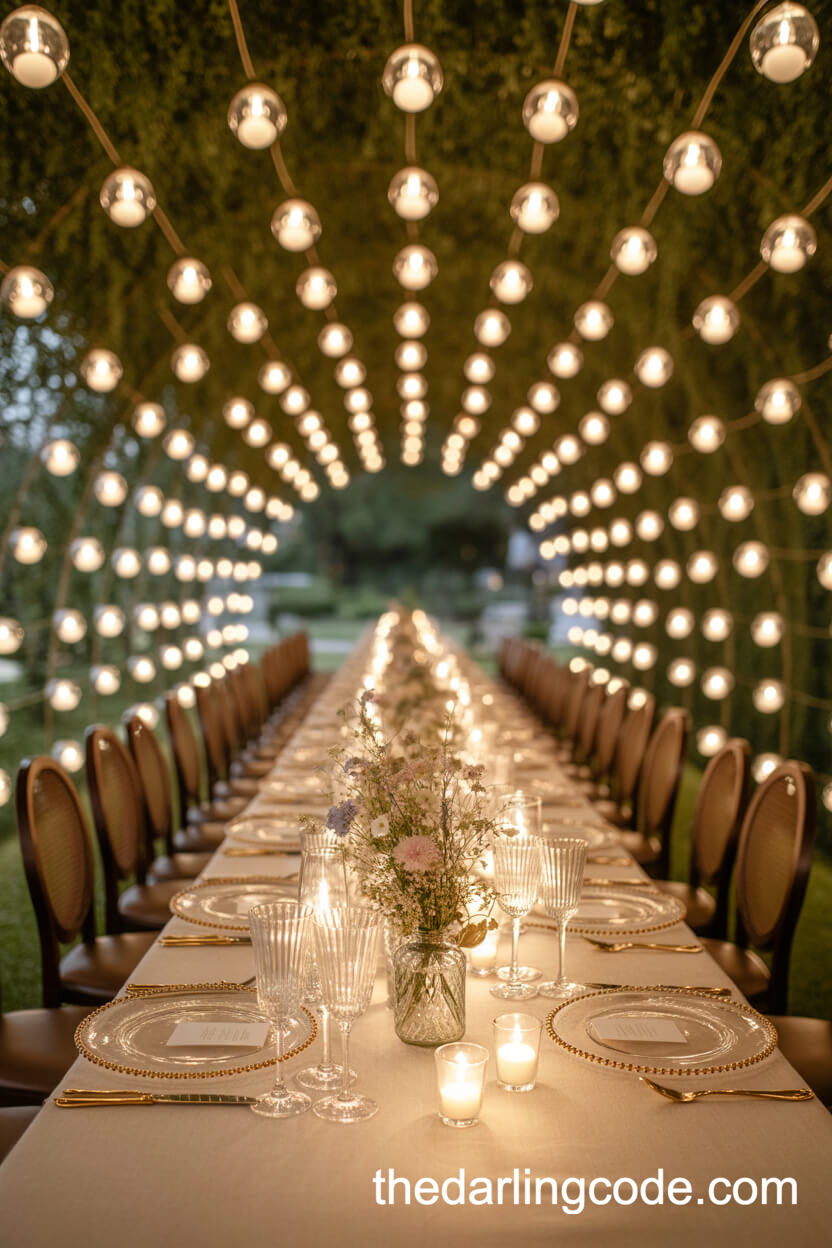 Tunnel Of Hanging Candles For An Intimate Table Setting