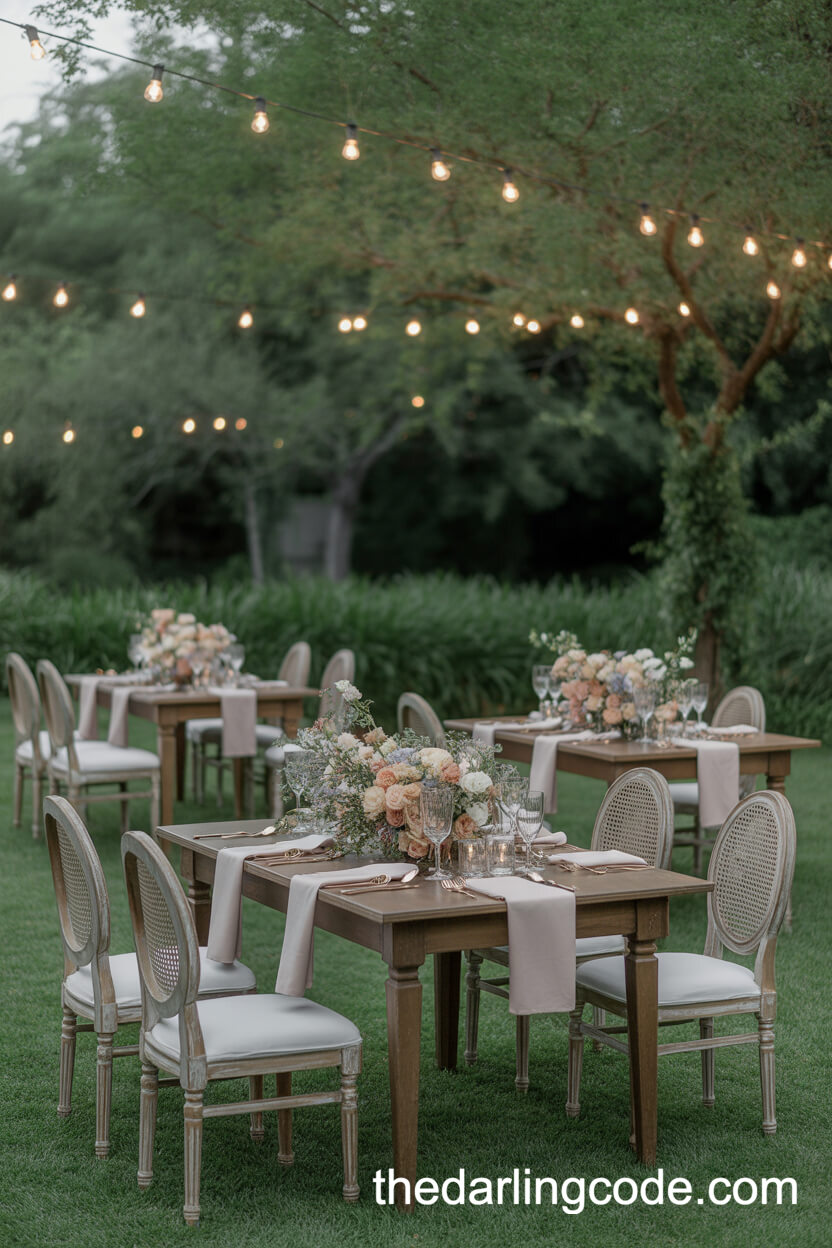 Dreamy Garden Setting With Small Pastel-Toned Tables