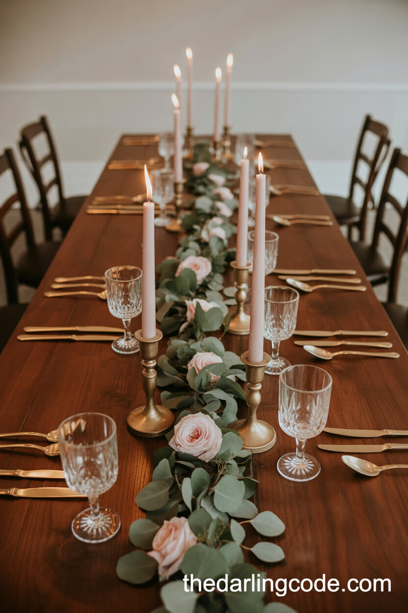 Rustic Center Table With Eucalyptus And Rose Garland