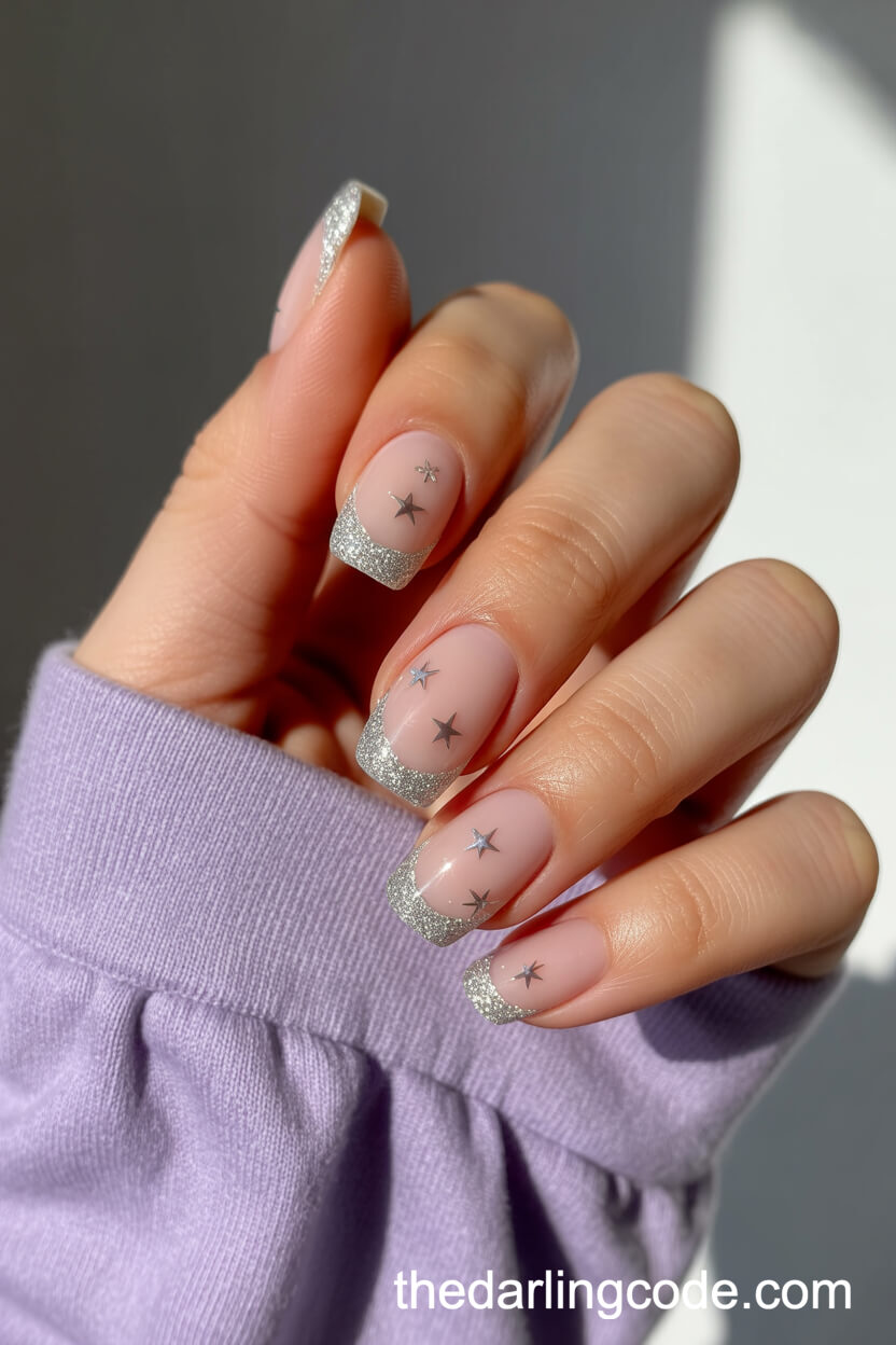 Silver Glitter French Tips With Star Sequins