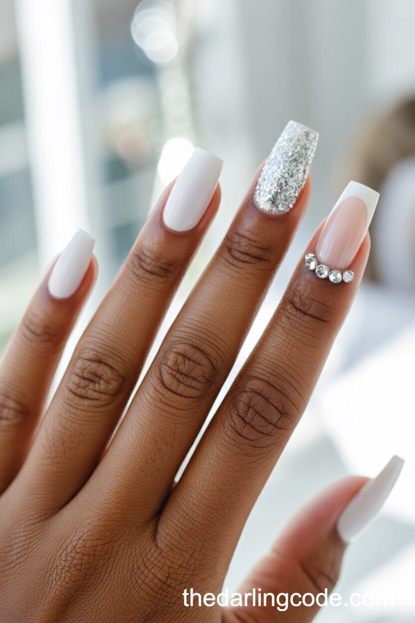 Chunky Silver Glitter With Rhinestone Cuticle Line