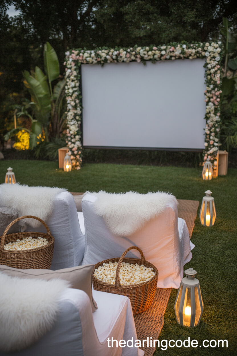 Starlit Outdoor Engagement Movie Night With Floral Decor