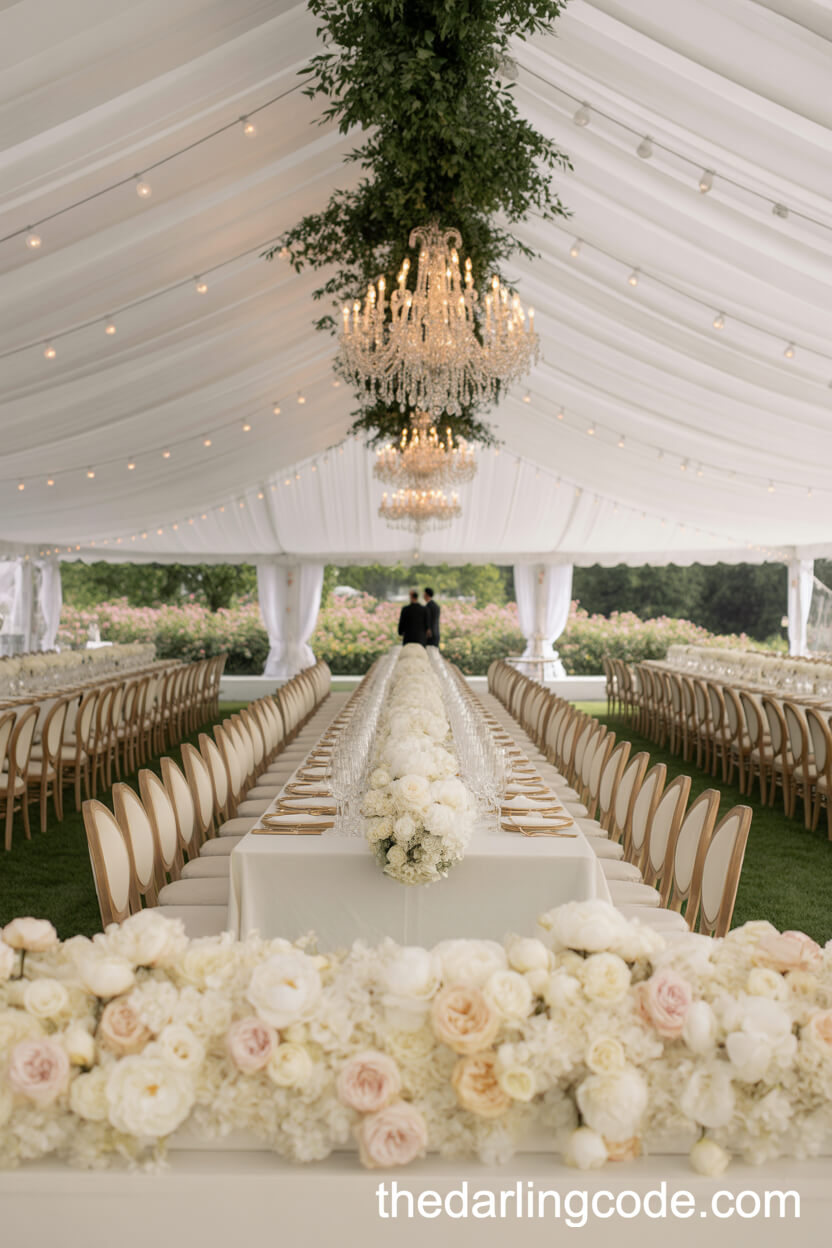 Grand White Tent Engagement Party With Chandeliers And Greenery
