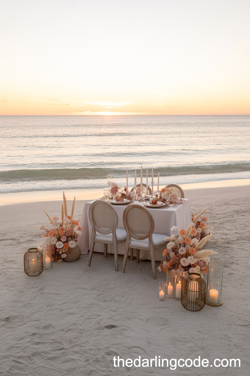 Intimate Beachside Dinner For Two With Seashell And Floral Details