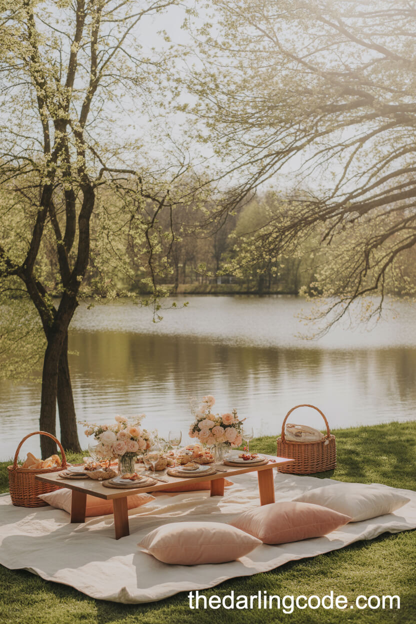 Romantic Lakeside Picnic Setup With Plush Cushions And Gourmet Treats