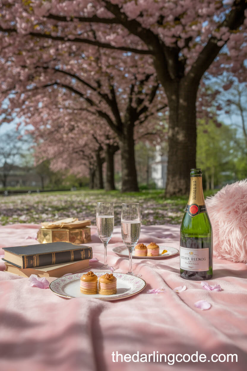 Picnic Under Blooming Cherry Blossoms With Elegant Pastries