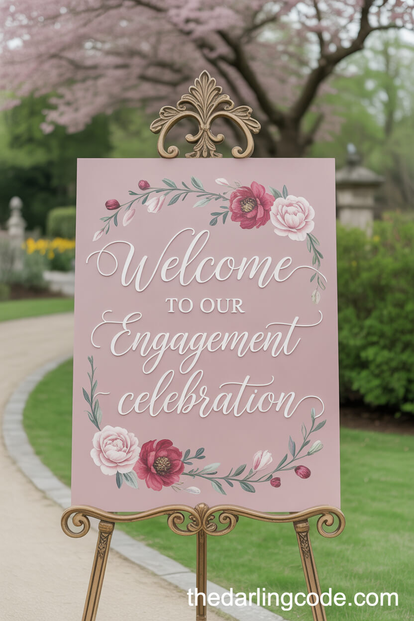 Lavish Floral Welcome Sign For A Garden Engagement Celebration