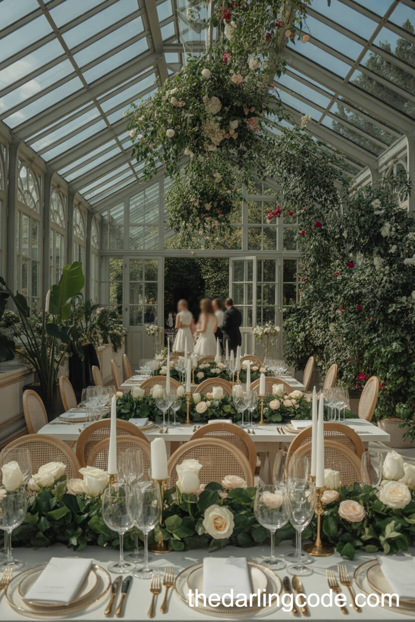 Ornate Conservatory Engagement Celebration With Elegant Banquet Tables