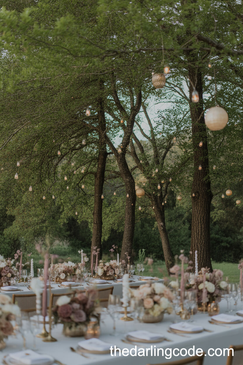Magical Forest Clearing Dinner Party With Lanterns And Florals