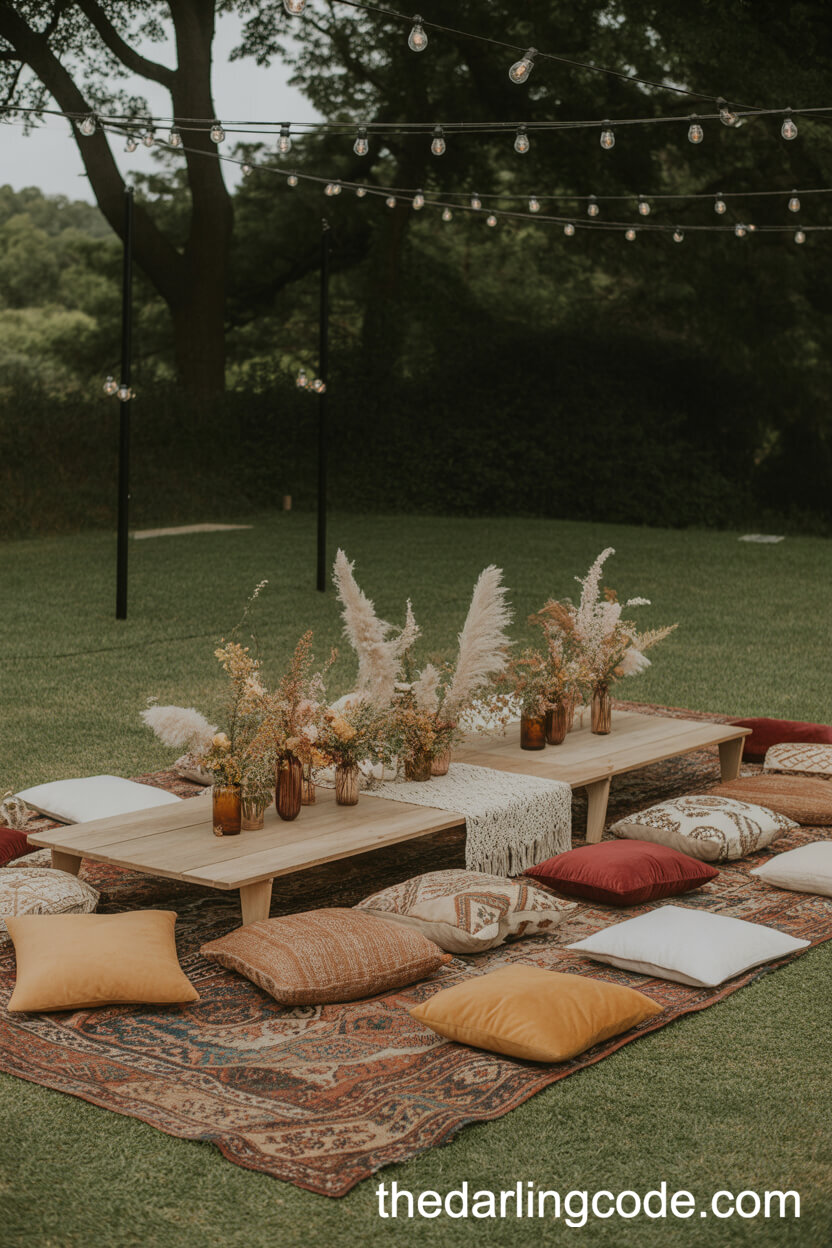 Boho Lawn Party With Rugs, Low Tables, And Wildflower Accents