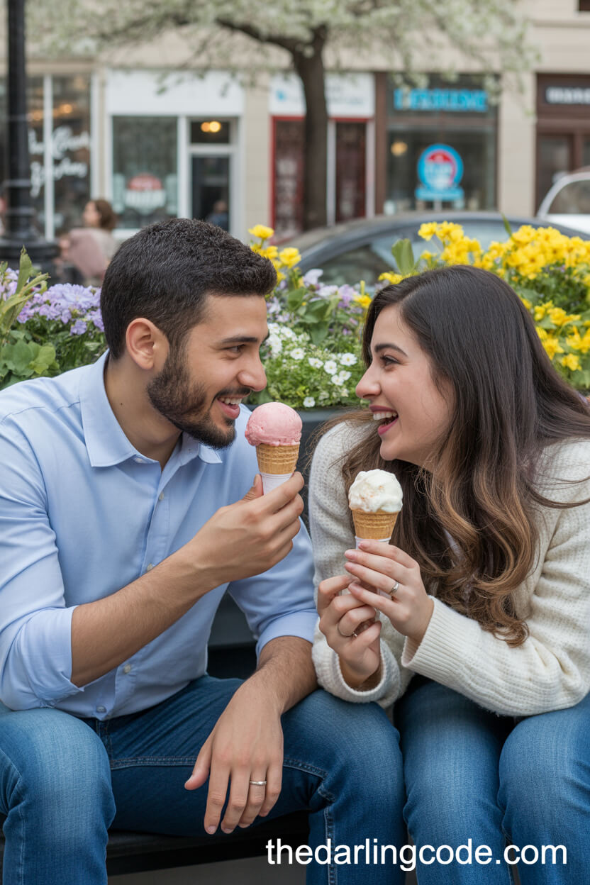 Ice Cream Date In A Flower-Filled Downtown