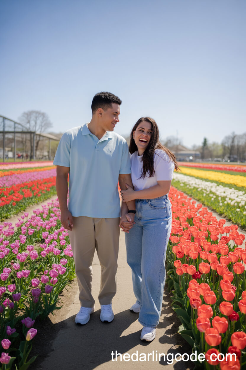 Joyful Walk Among Rows Of Colorful Tulips