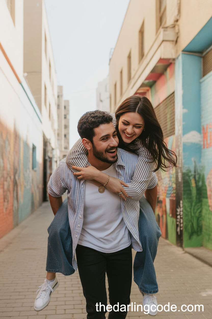 Playful Piggyback Ride Through Urban Art Alley
