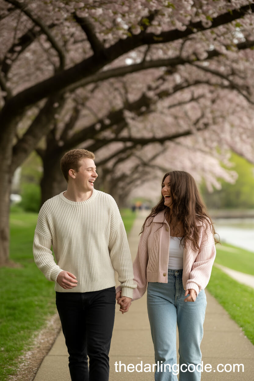 Laughing Stroll Under Cherry Blossoms