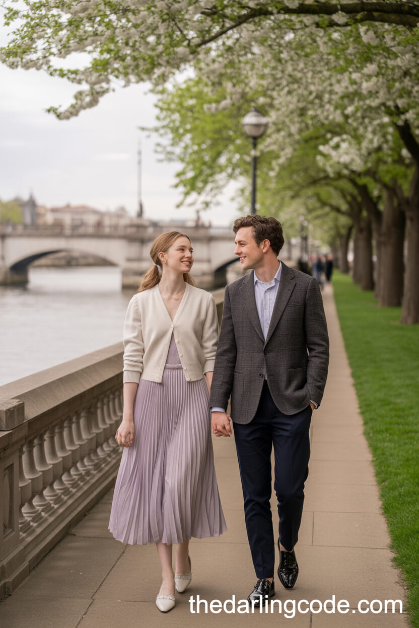 Elegant Stroll Along A Blossoming Riverside Promenade