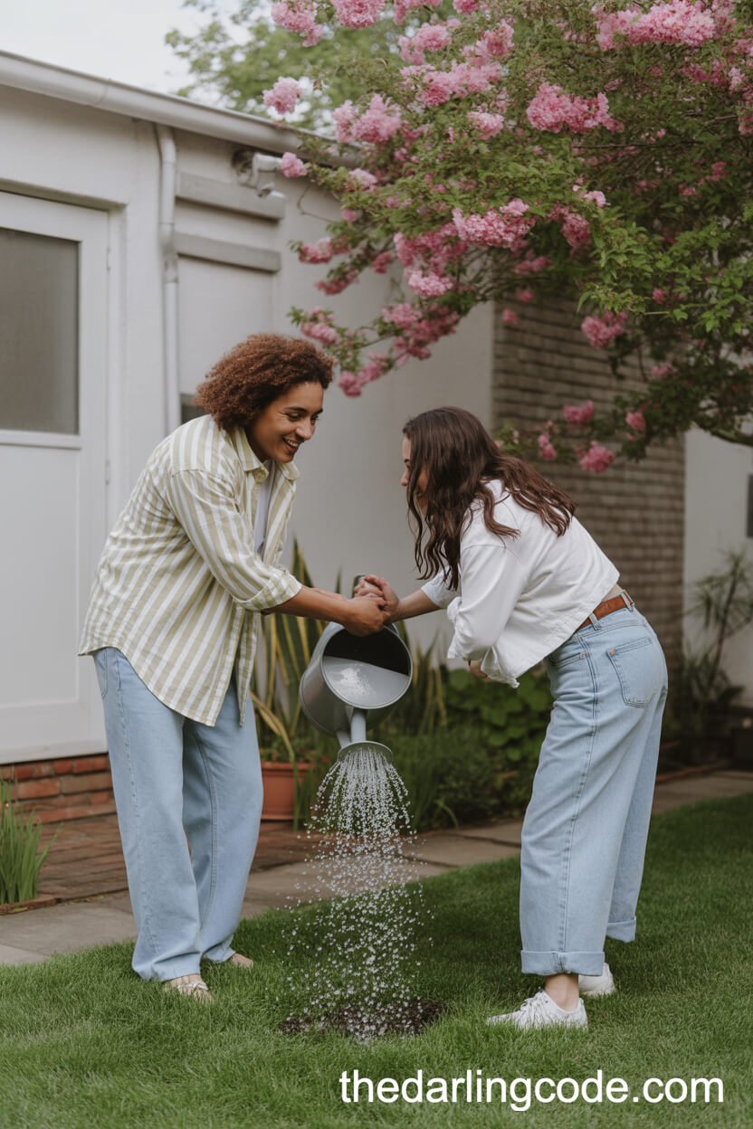 Playful Watering In A Blooming Backyard Garden