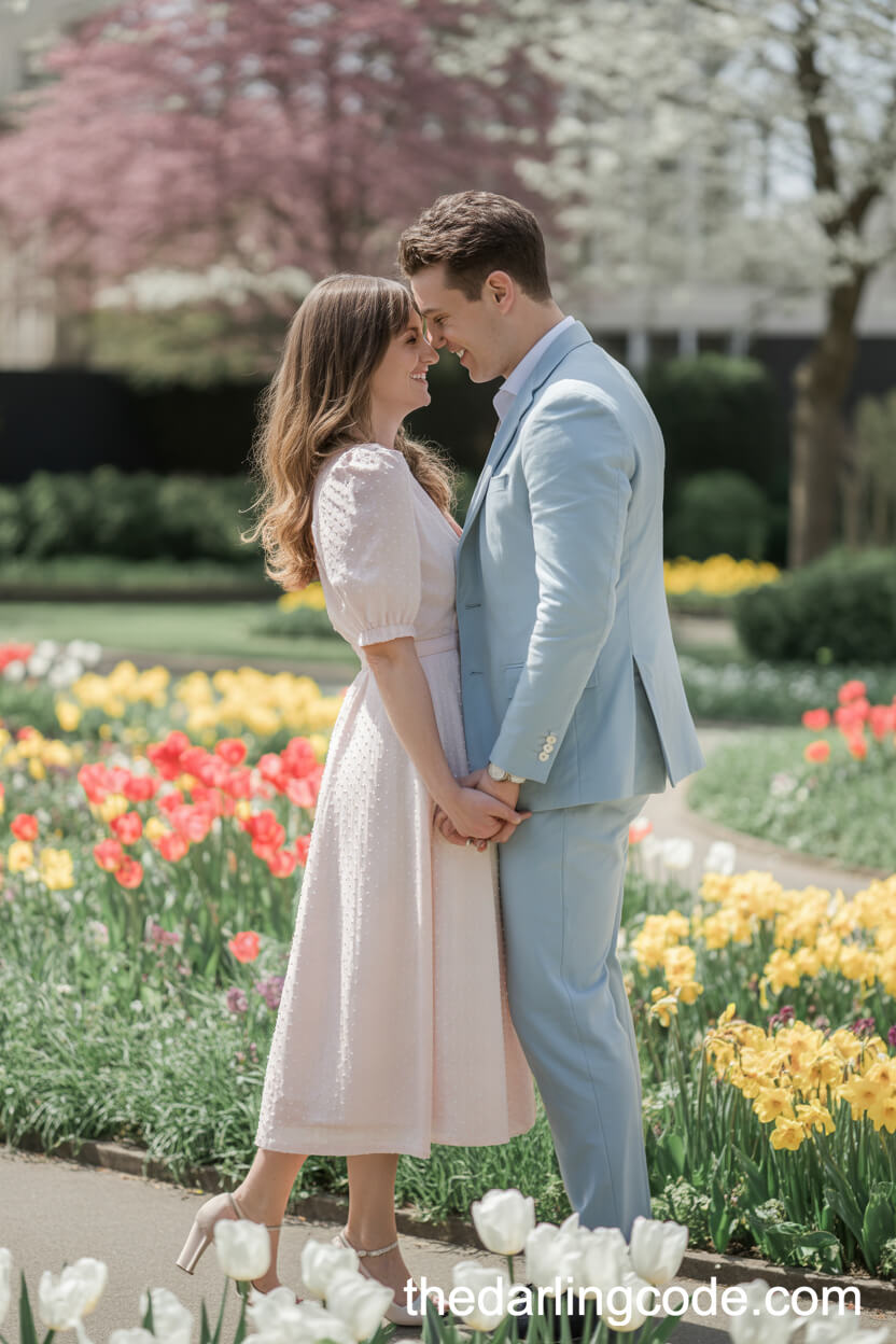 Pastel Pink Midi Dress And Light Blue Suit For A Romantic Garden Engagement