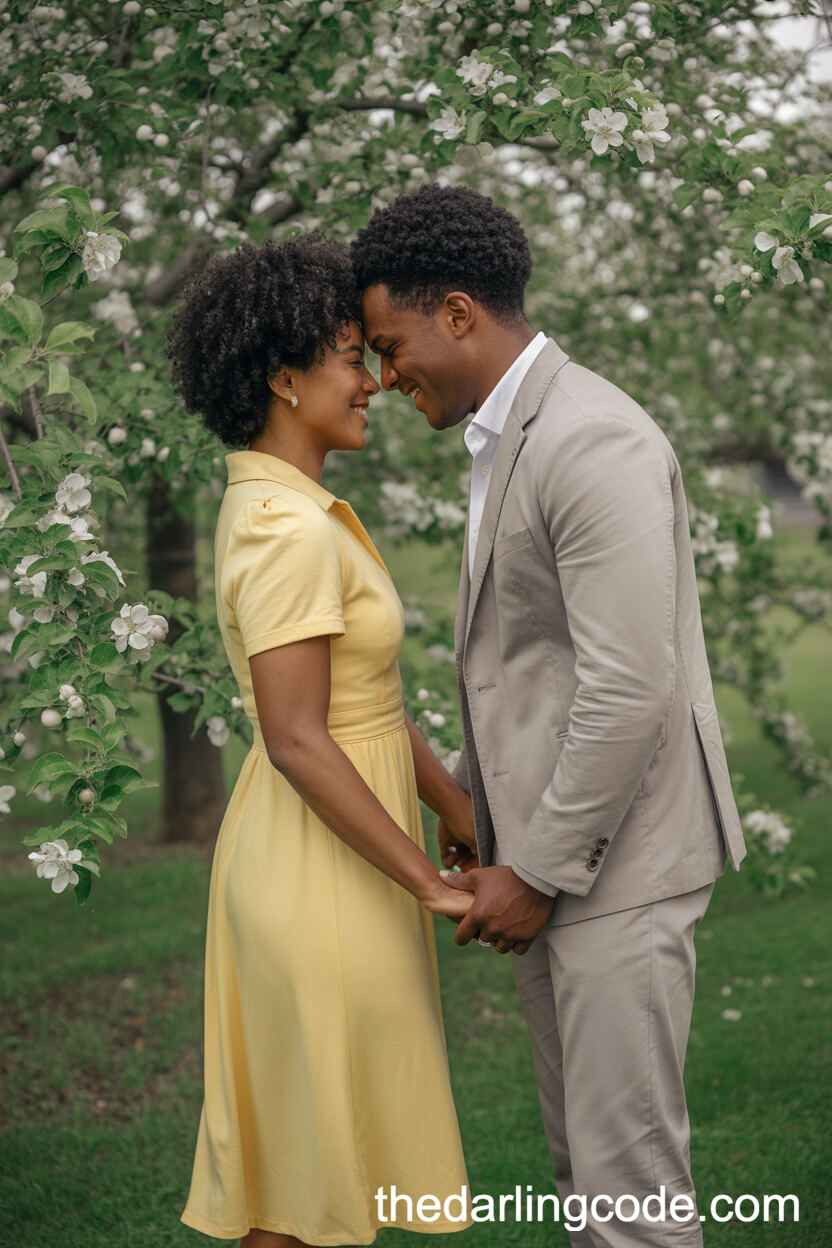 Yellow Midi Dress And Light Gray Suit Among Blooming Apple Trees