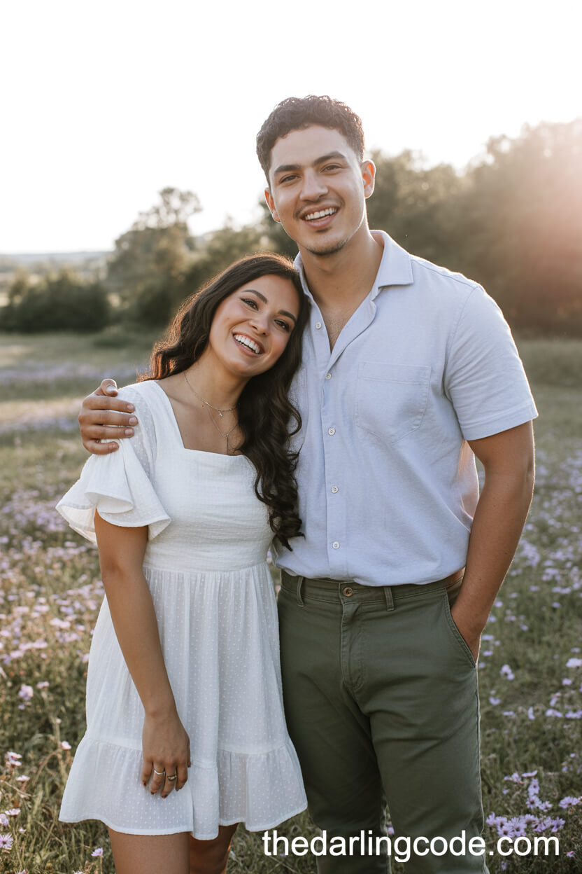 White Ruffle Dress And Olive Chinos In A Field Of Purple Wildflowers