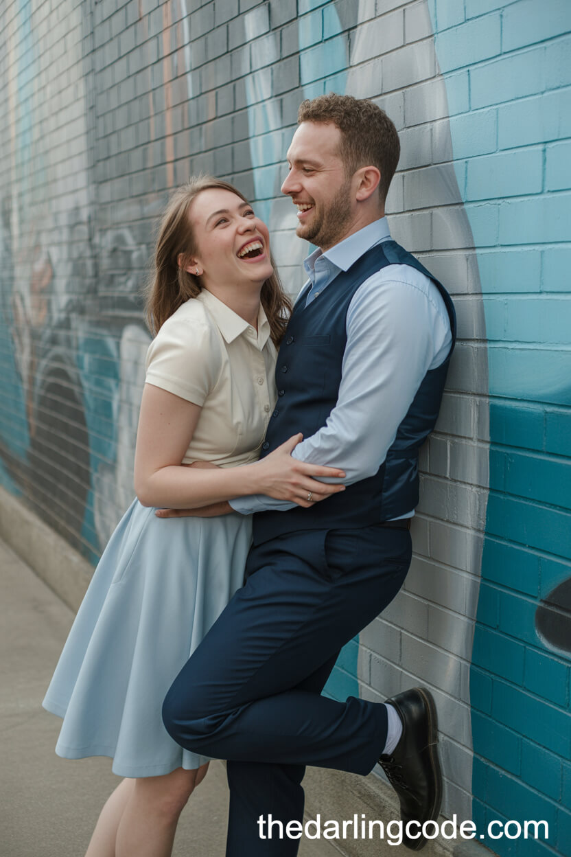 Powder Blue Skirt And Cream Blouse Paired With Navy Vest By A Painted Mural