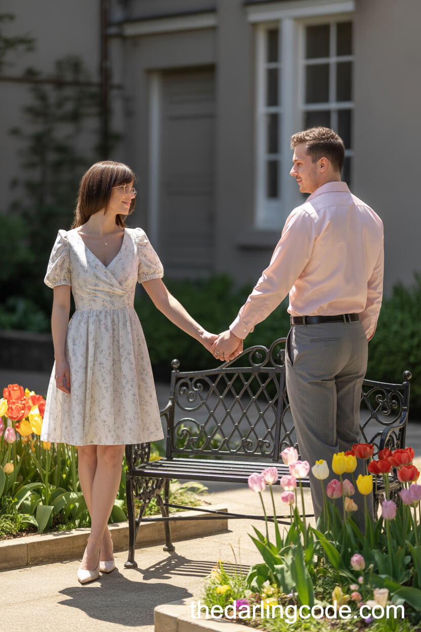 Floral Tea Dress And Blush Shirt By A Tulip-Filled Garden Bench
