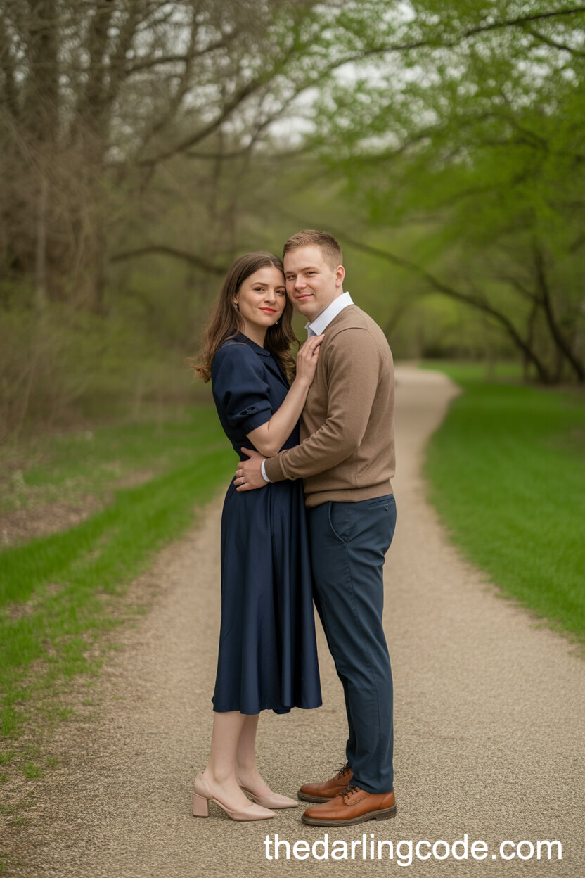 Navy Midi Dress And Brown Sweater On A Springtime Woodland Trail