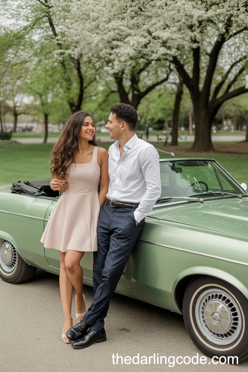 Light Pink Fit-And-Flare Dress With Navy Slacks By A Vintage Convertible