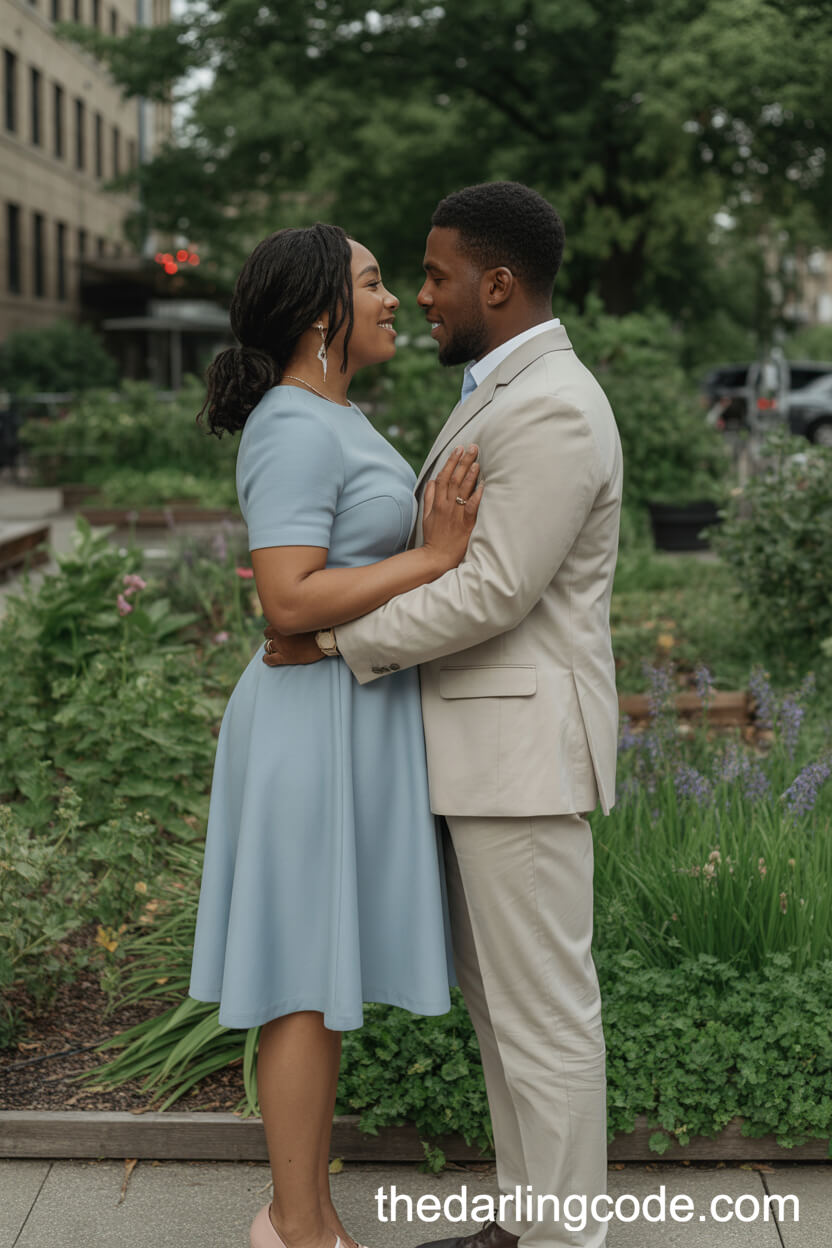 Powder Blue Knee Dress And Soft Beige Suit In A Lush Urban Garden