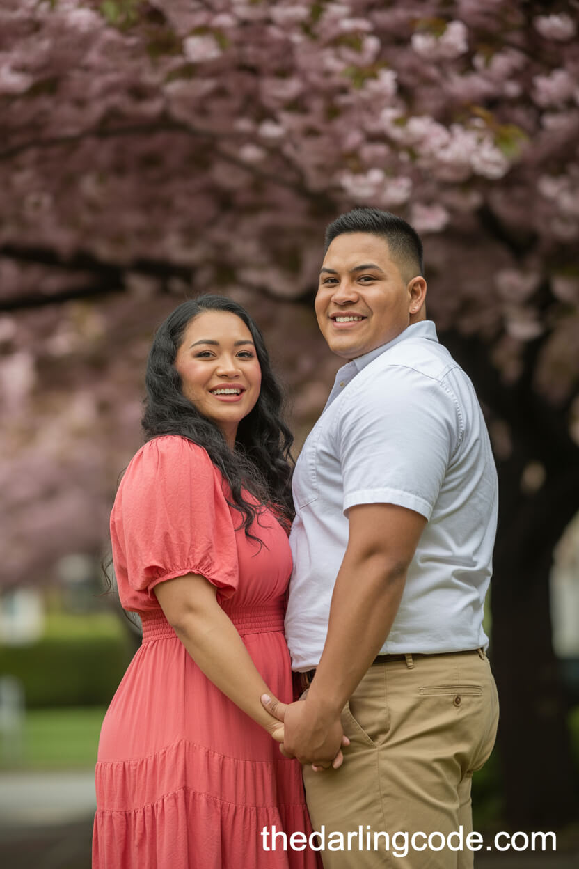 Coral Flowy Dress And Khaki Pants Beneath Blossoming Cherry Trees