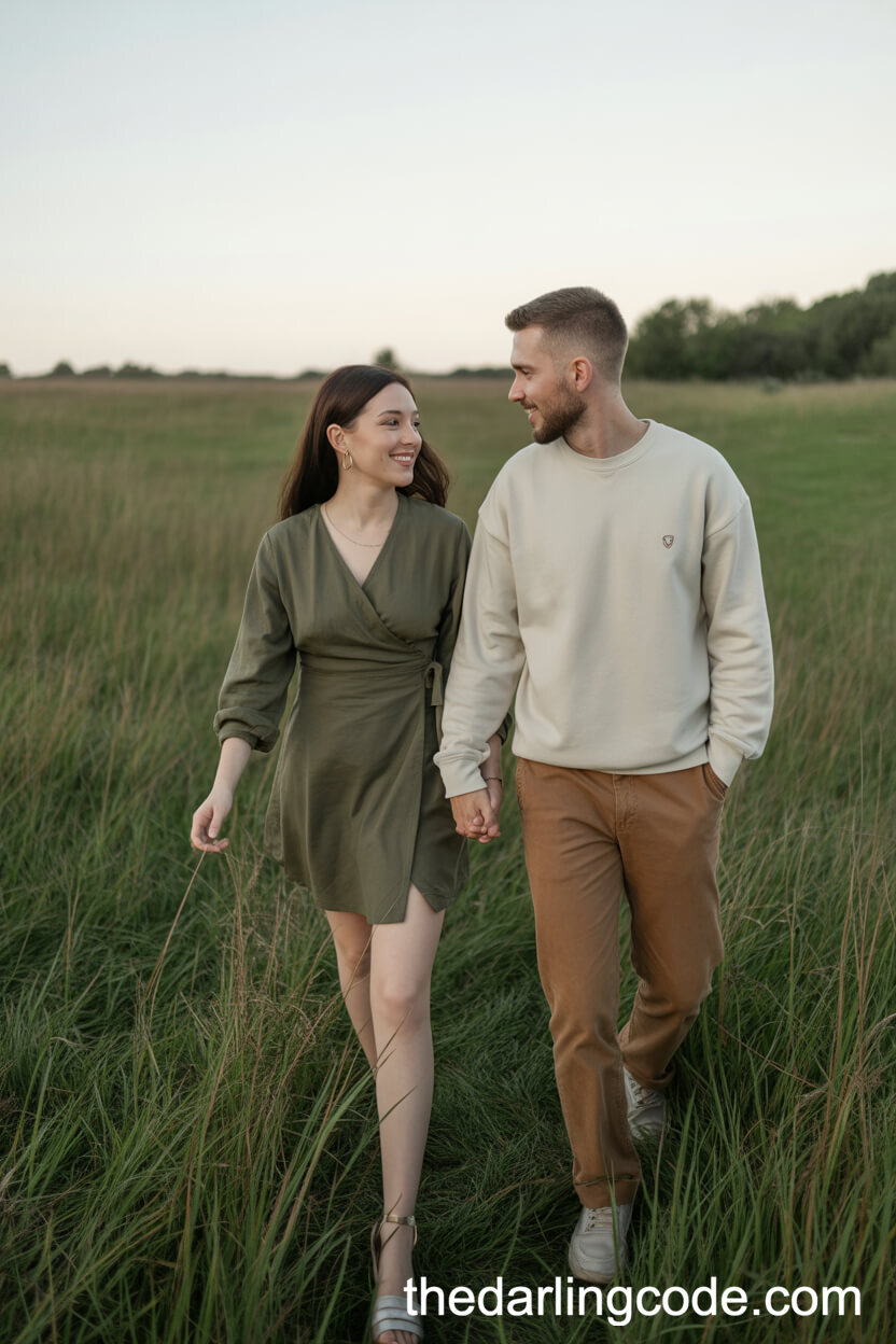 Olive Green Wrap Dress And Cream Pullover For A Meadow Walk At Sunset