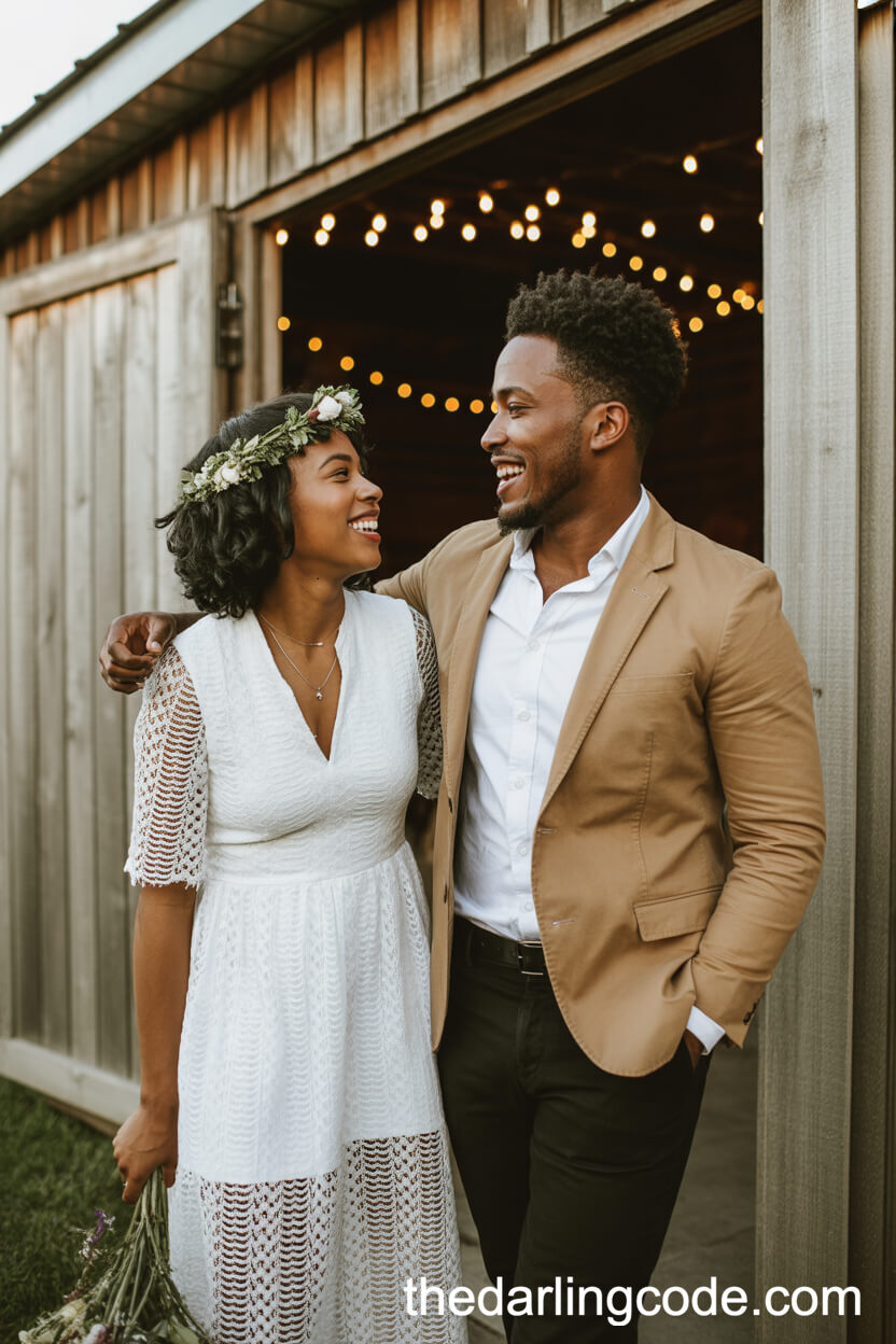 White Lace Boho Maxi Dress And Tan Blazer For A Rustic Barn Setting