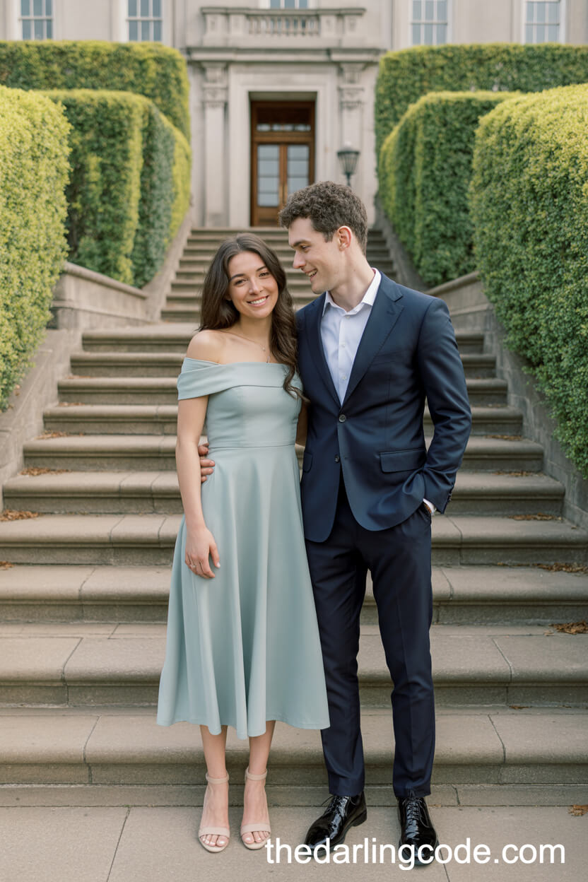 Mint Green Off-Shoulder Dress And Navy Suit On Mansion Steps
