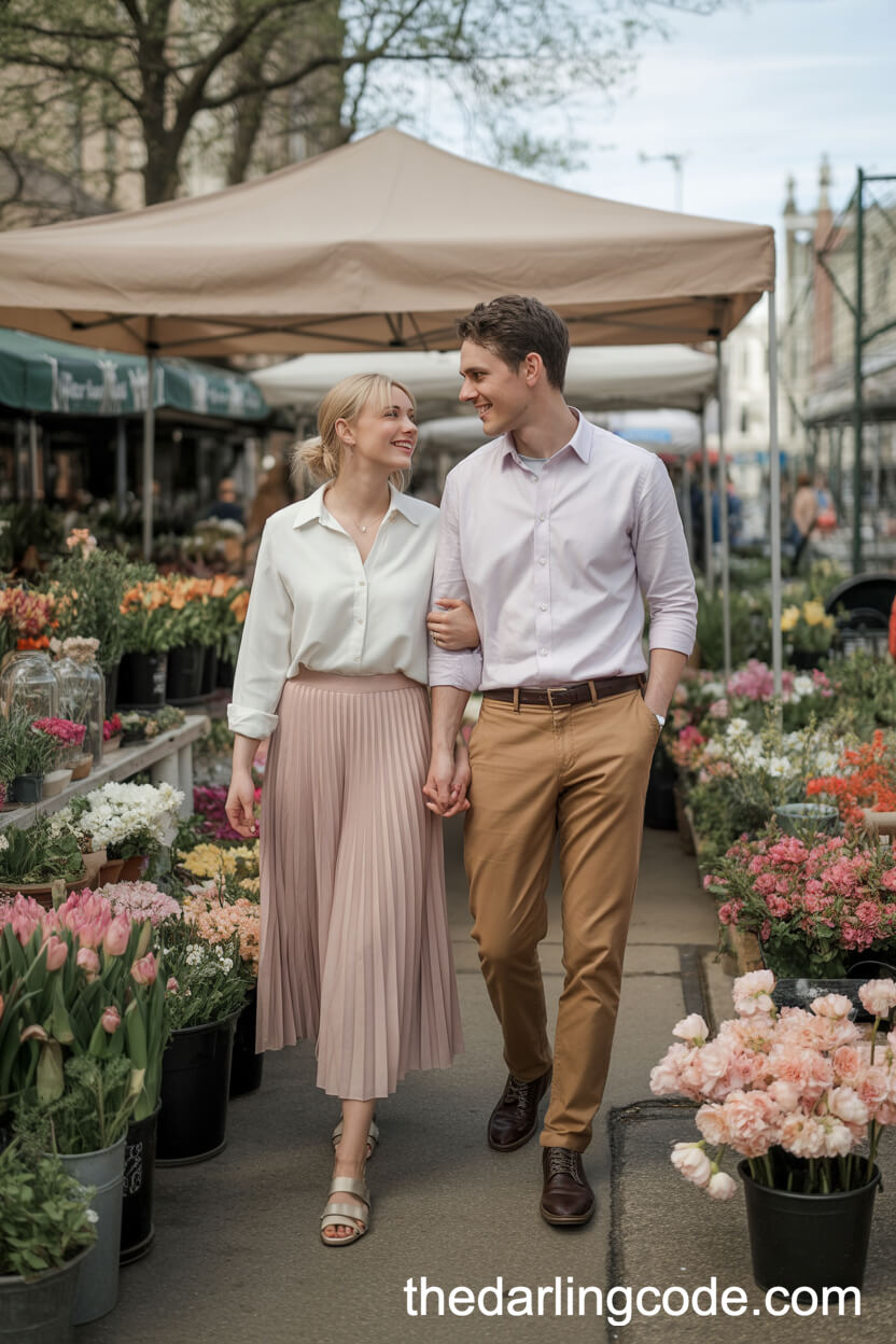Blush Pleated Skirt And White Blouse At A Colorful Flower Market