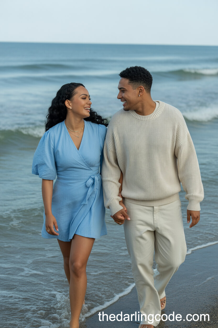 Sky Blue Wrap Dress And Cream Linen Separates For A Playful Beach Engagement