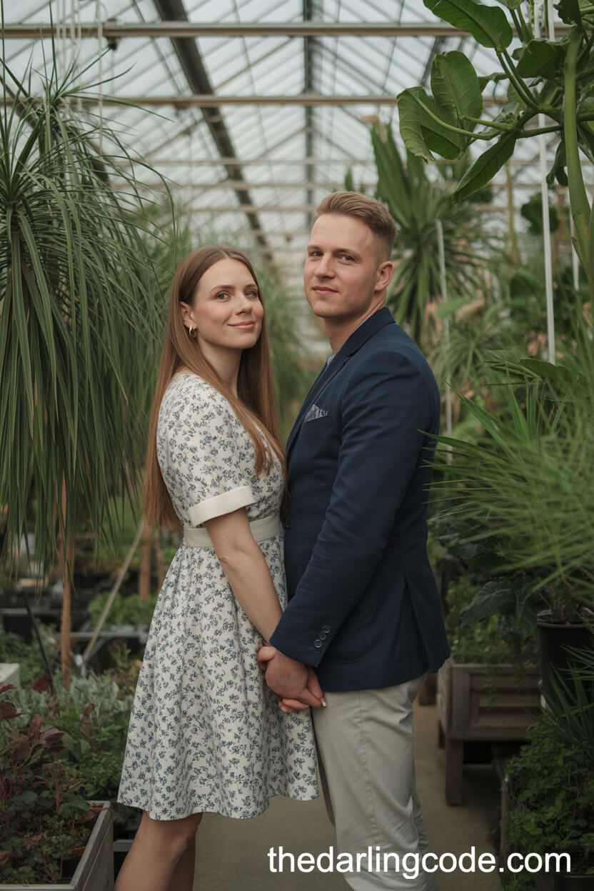 Modern Floral A-Line Dress And Navy Chinos For A Greenhouse Engagement