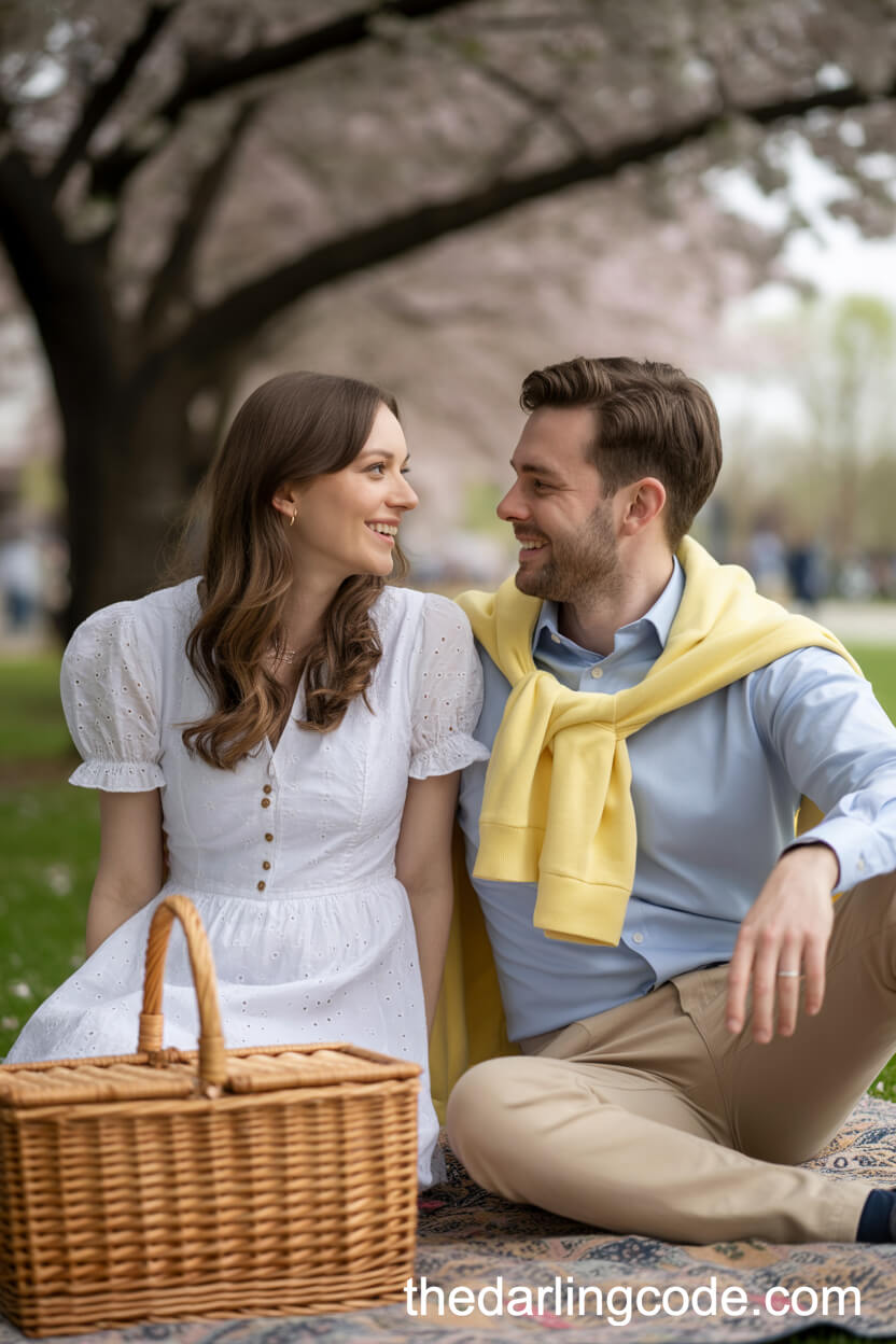 White Eyelet Dress And Pastel Yellow Sweater Picnic Under Cherry Blossoms