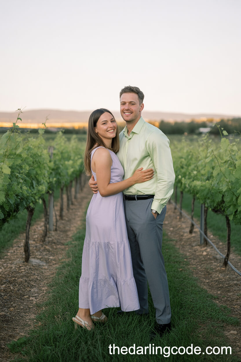 Pale Lavender Maxi Dress And Pale Green Shirt For A Sunset Vineyard Session